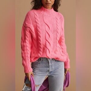 EUC Anthropologie Women's Mock Neck Cable-Knot Sweater Bright Pink Size Small